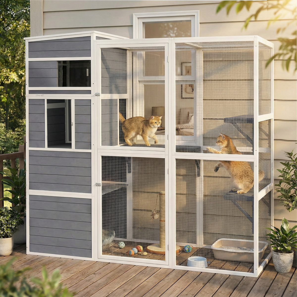 Kattenren buiten kattenhuis van hout met 3 platforms weerbestendig dak rustruimte voor 3-4 katten tot 10 kg (2)