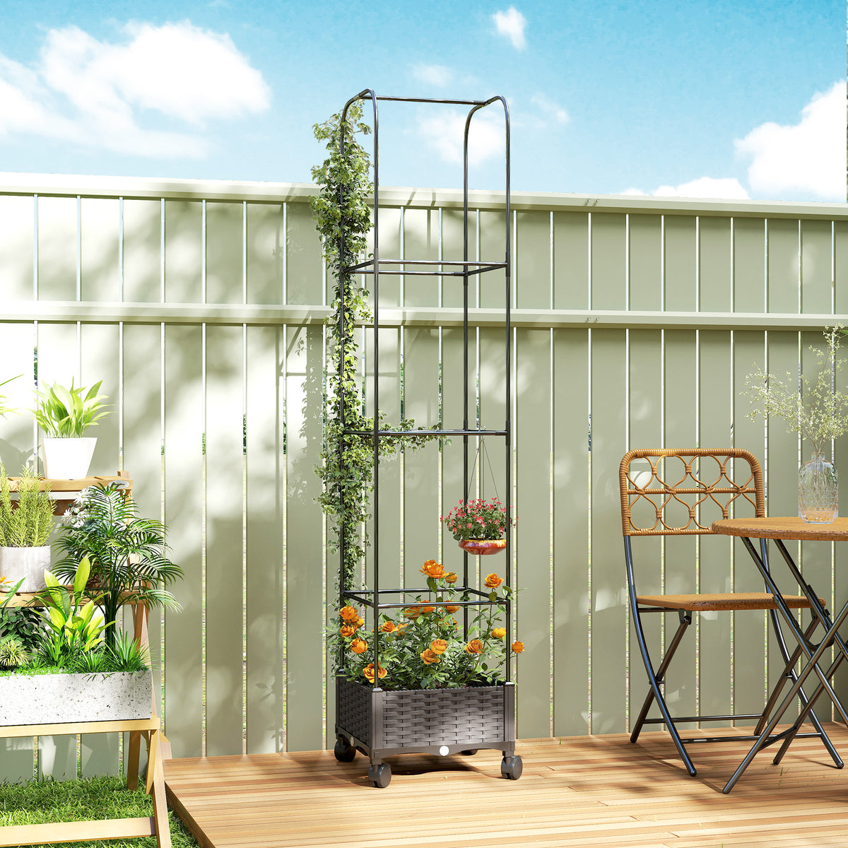 Verhoogde plantenbak met trellis, verrijdbare bloembak met wieltjes en afvoeropening, plantenbak 40 x 40 x 185 (2)