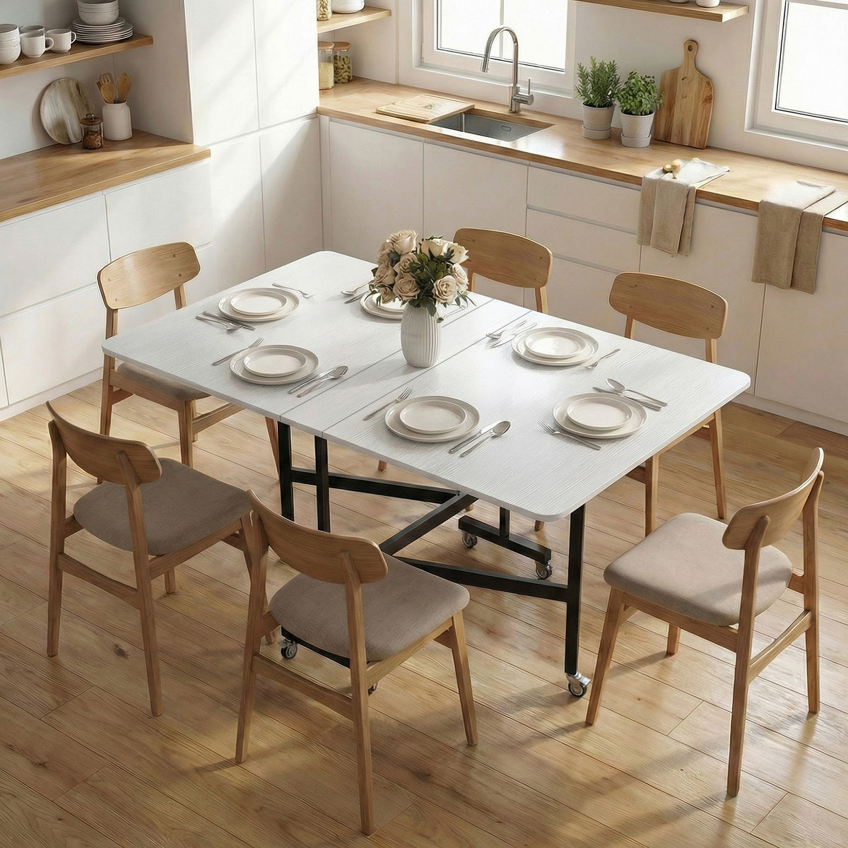 Mobiele inklapbare tafel met 6 wielen en remmen, opvouwbare keuken-eettafel voor kleine ruimtes, wit (2)