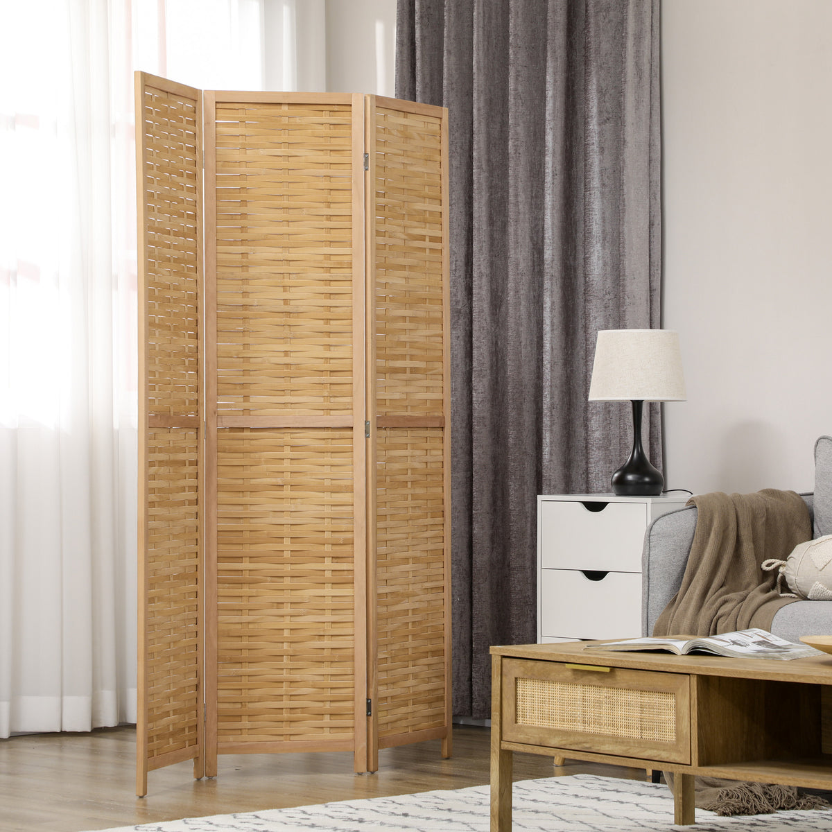 Ruimteverdeler inklapbare scheidingswand privacyscherm, bamboe, 3-delig, 120 cm x 170 cm x 1,8 cm, naturel (2)