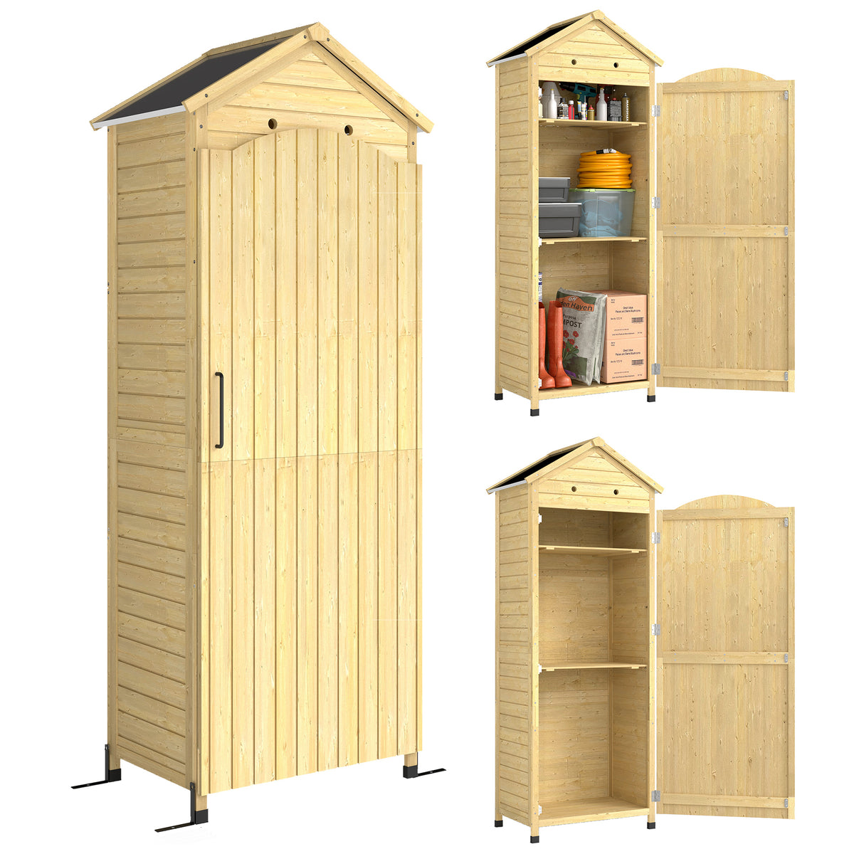 Tuinkast hout verstelbare plank magnetische deur verzinkt dak ventilatie 85x58x213 cm natuurhout