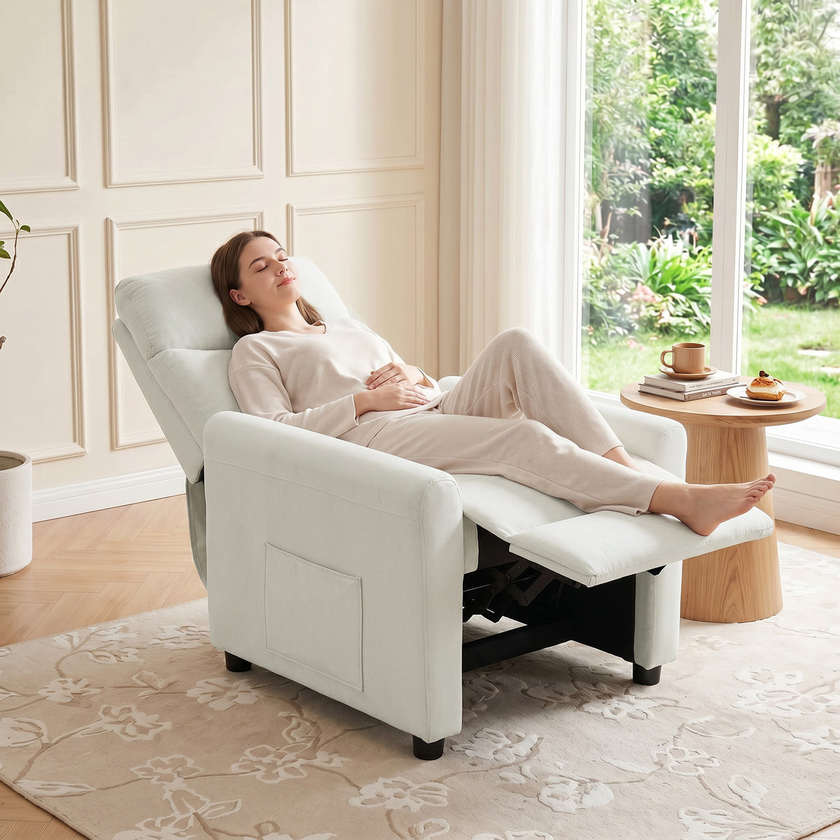 Relaxfauteuil tv-fauteuil met ligfunctie, tv-stoel met pocketvering, voetensteun, stof in linnenlook, crème-wit (2)