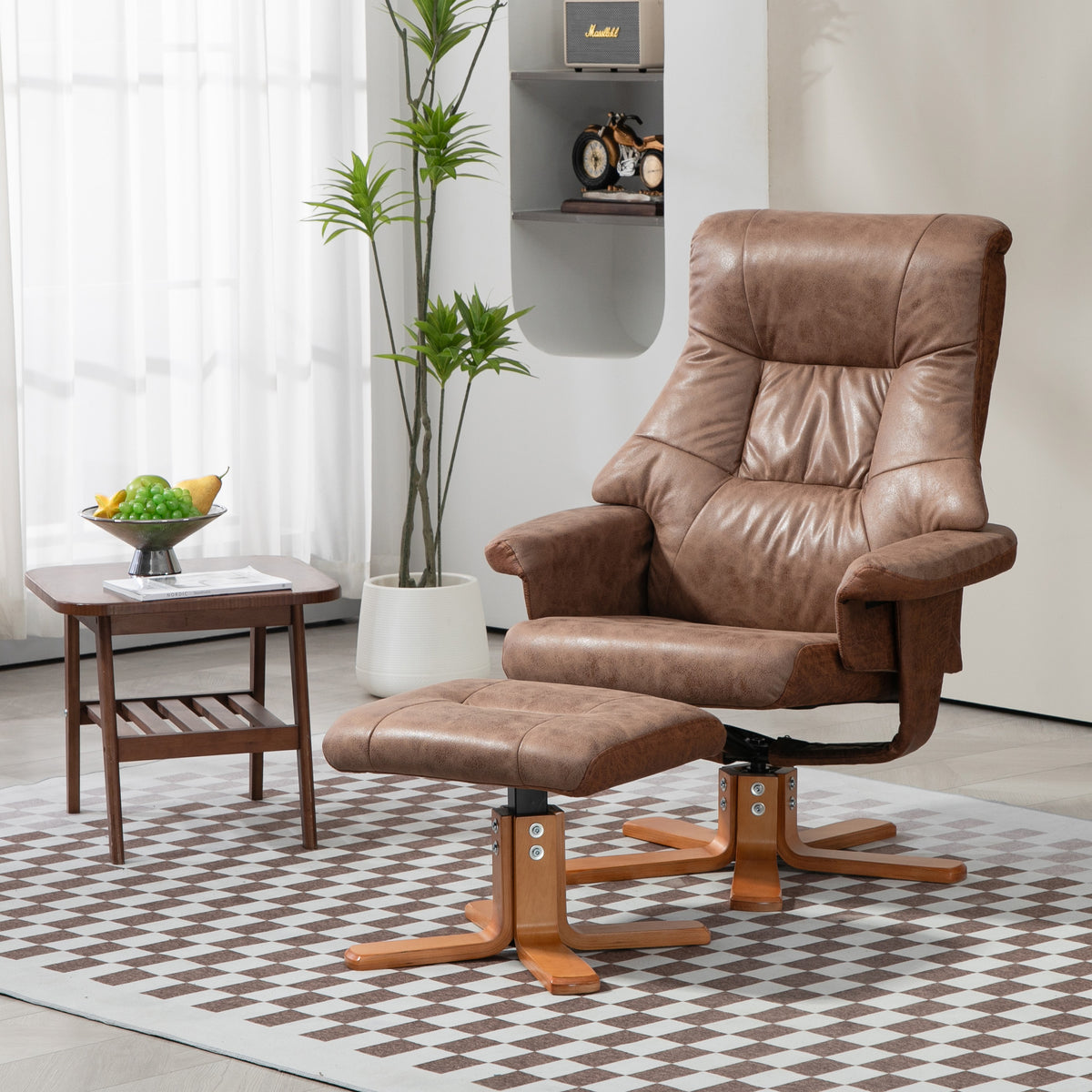 Relaxfauteuil met voetenbank, 360° draaibaar, 135° verstelbaar, ademende bekleding, 78 x 82,5 x 109 cm, bruin (2)