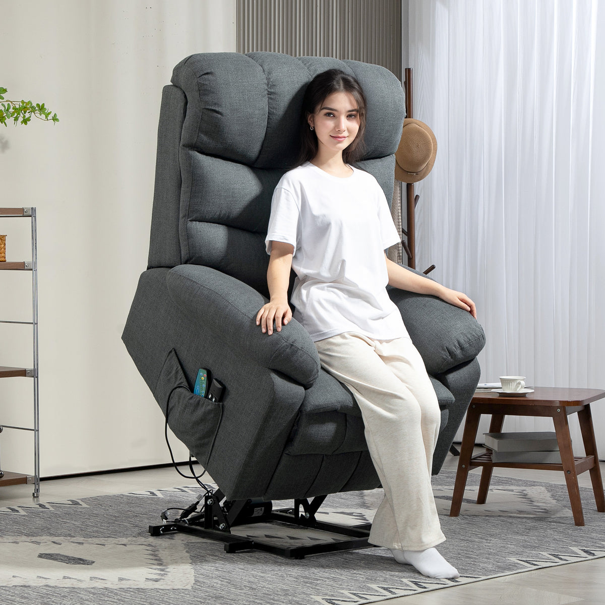 Sta-opstoel, elektrische relaxfauteuil met massagefunctie, gestoffeerde stoel met sta-opfunctie, metaal, stof (2)