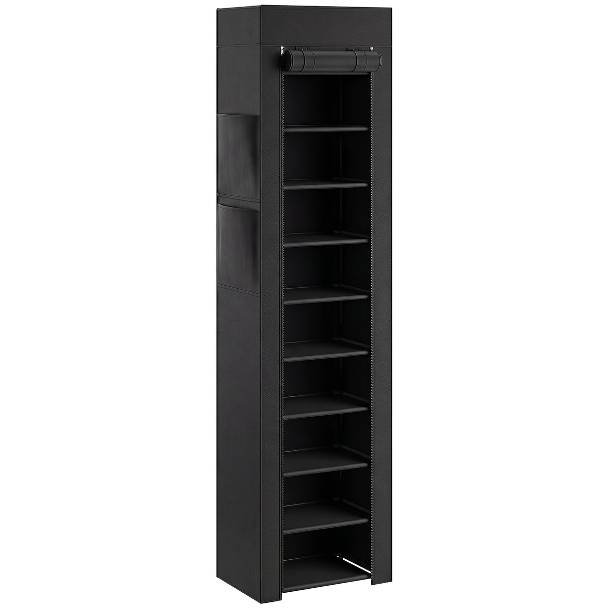 Schoenenrek van metaal met stofdichte stoffen hoes, voor maximaal 20 paar schoenen, 45 x 30 x 175 cm, zwart