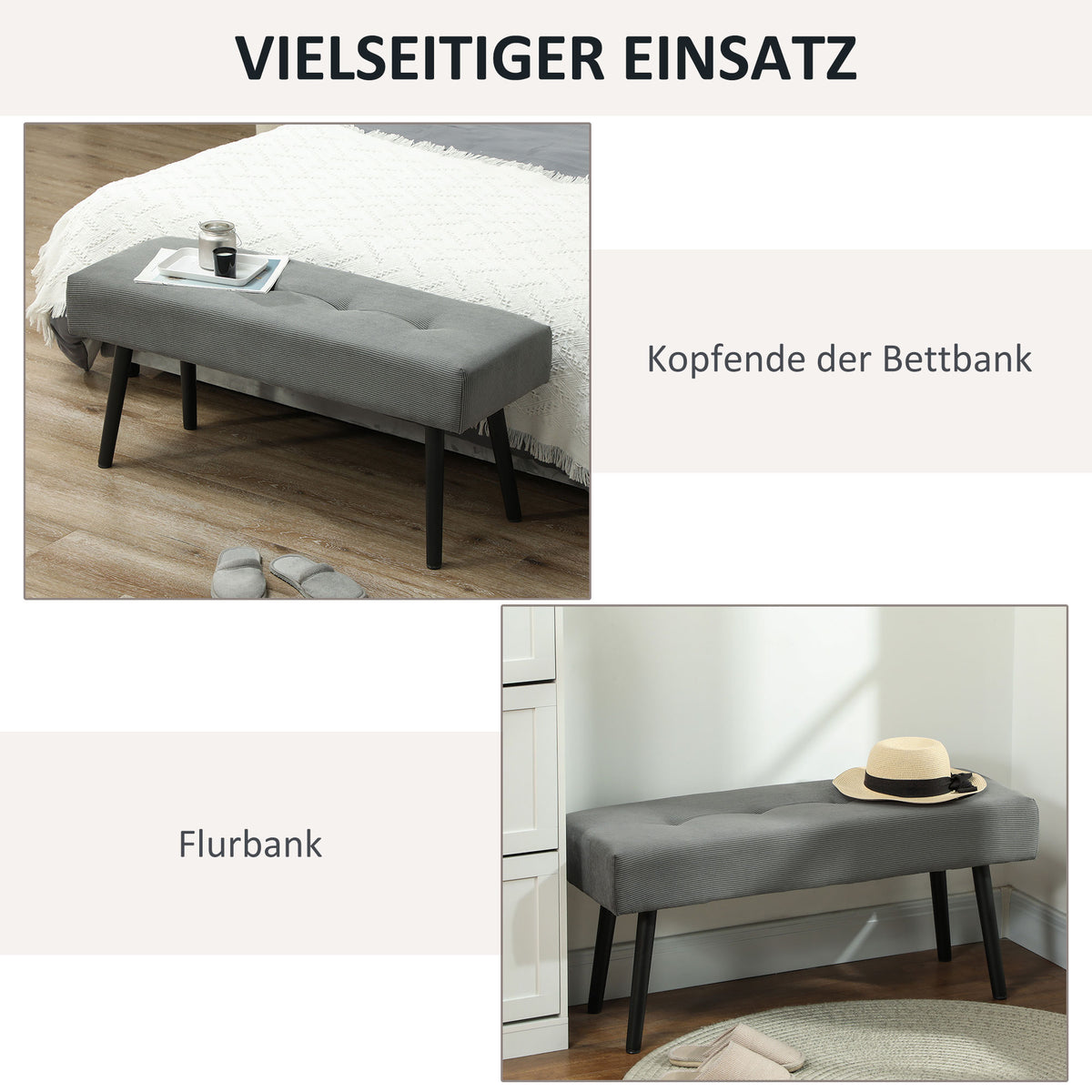 Gestoffeerde bank met corduroy bekleding, slaapbank met metalen poten, schoenenbank 100 x 36 x 45 cm grijs (6)