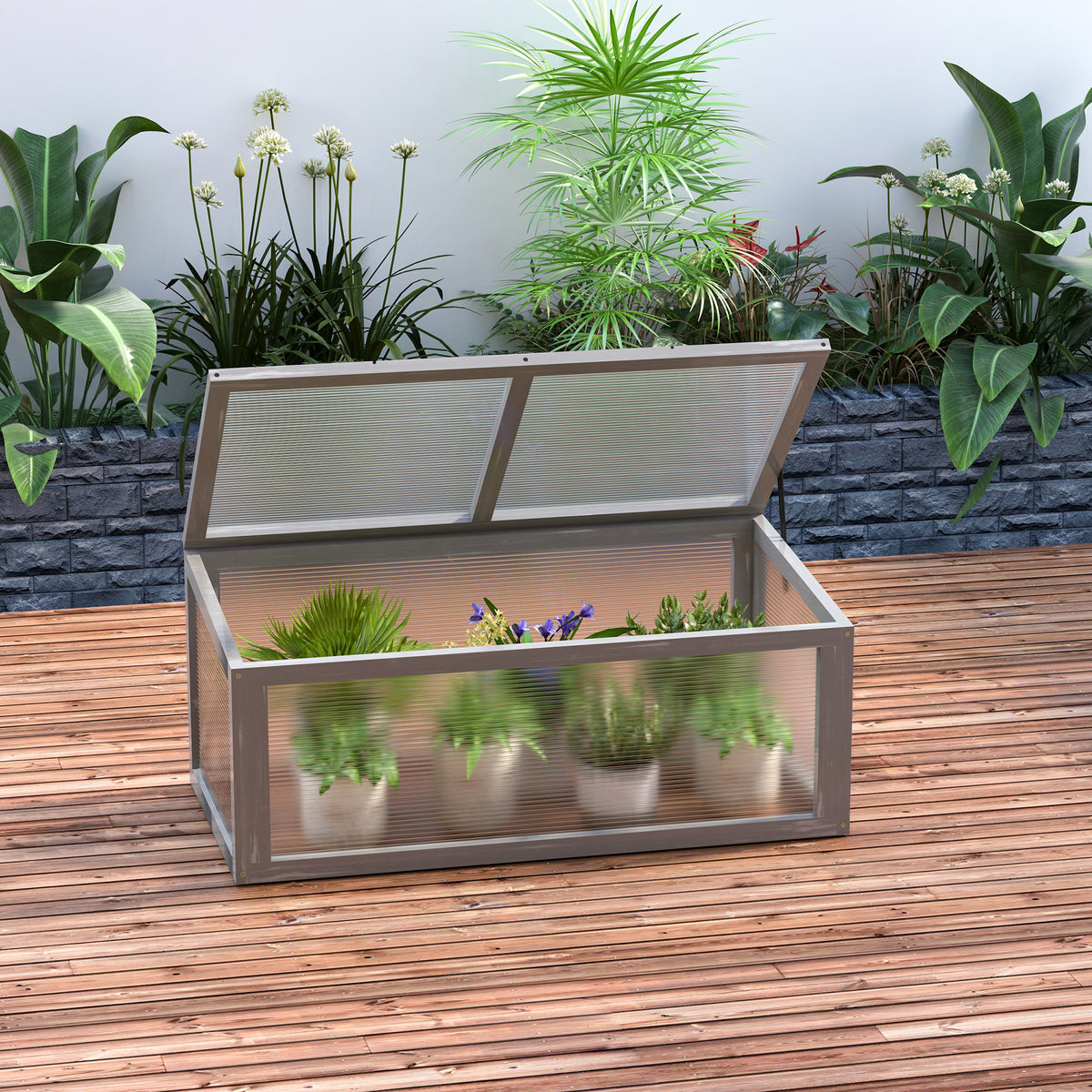 Kweekbak van hout en polycarbonaat kas 90 x 46 x 40 cm broeikas met afdekking weerbestendig kweekkas voor tuin (2)