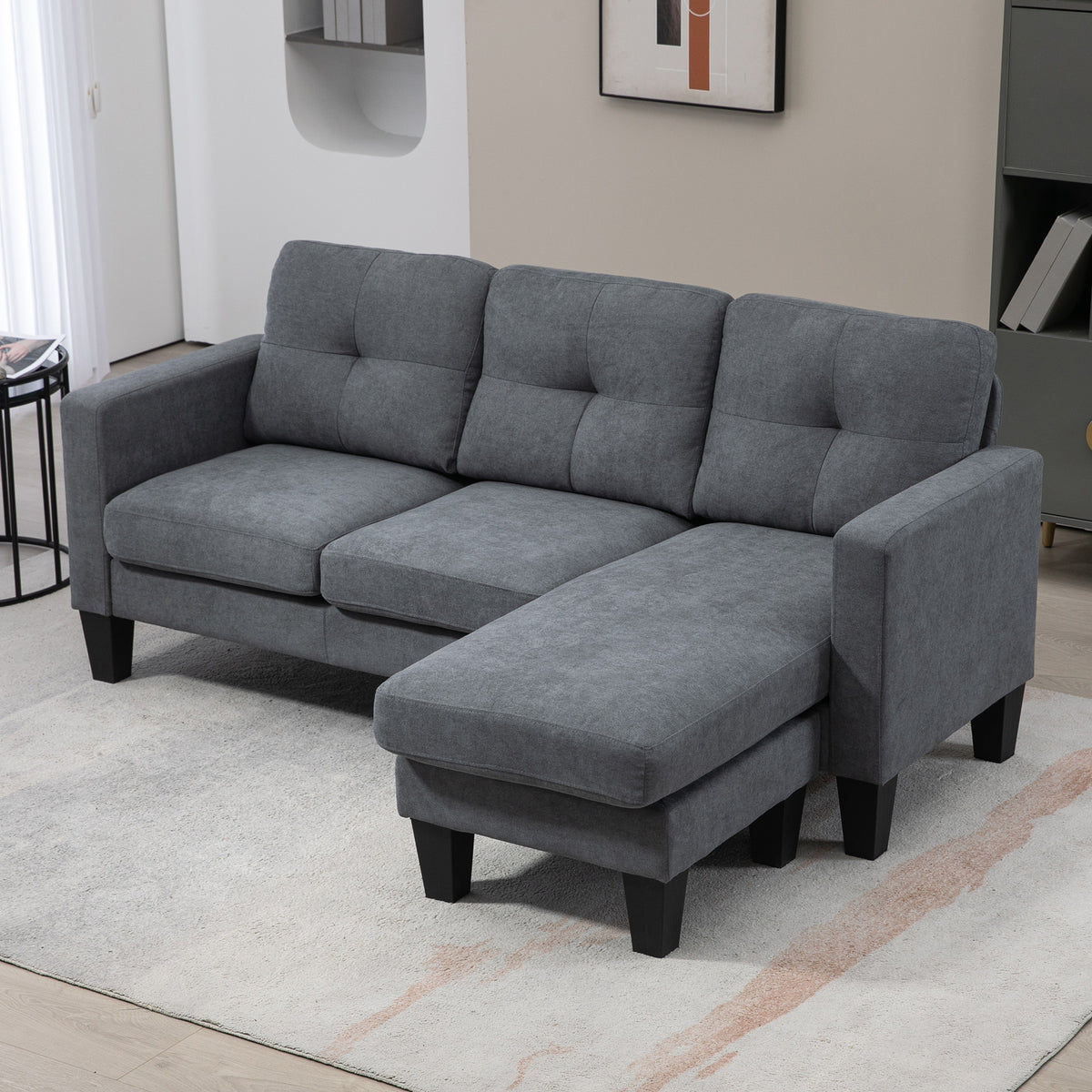 Hoekbank in L-vorm, aan beide zijden monteerbare chaise longue, gestoffeerde bank, donkergrijs (7)
