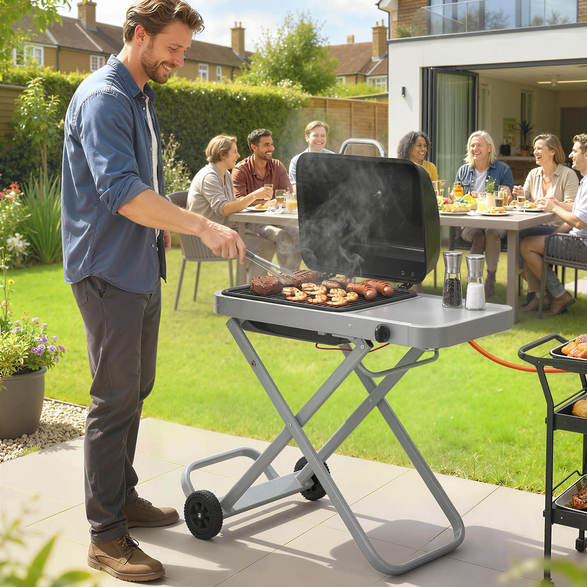 Draagbare gasbarbecue 1-brander 2,5kW grillwagen met inklapbaar onderstel grillrooster bijzettafel deksel (2)