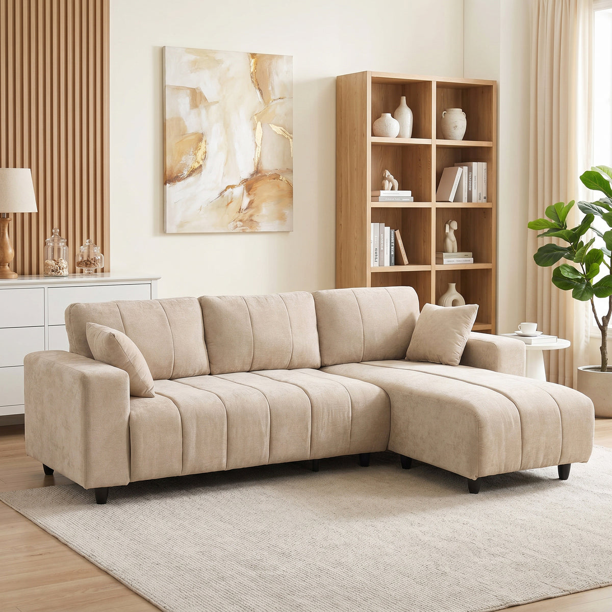 L-vormige hoekbank met flexibele chaise longue, 4-zitsbank met 2 kussens, metalen frame, voor woonkamer, beige (2)