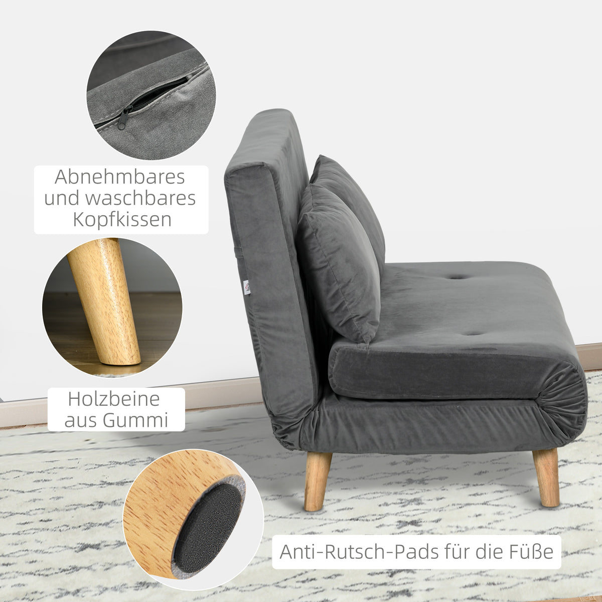 Slaapbank relaxbank bank, incl. 2 kussens, fluweeloptiek, 130 x 78 x 79 cm, grijs (7)