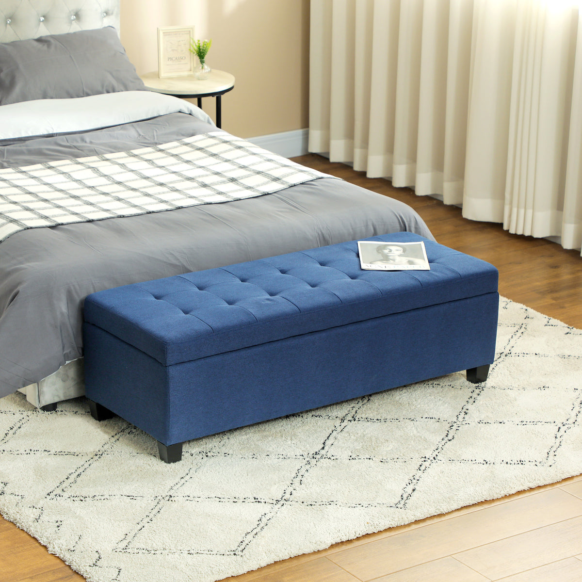 Opbergbank, hocker, halbank, gecapitonneerd, 125,1 cm x 48,9 cm x 41,3 cm, blauw (2)