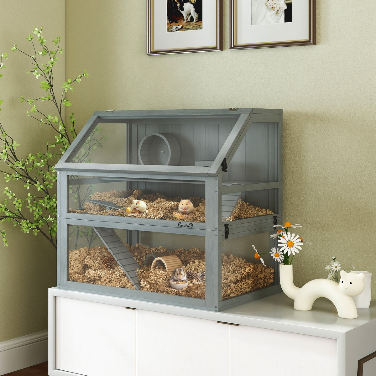 Hamsterkooi hout, 3 verdiepingen met diepe onderbak, uitneembare plateaus, voor kleine dieren, 80x50x76cm (2)