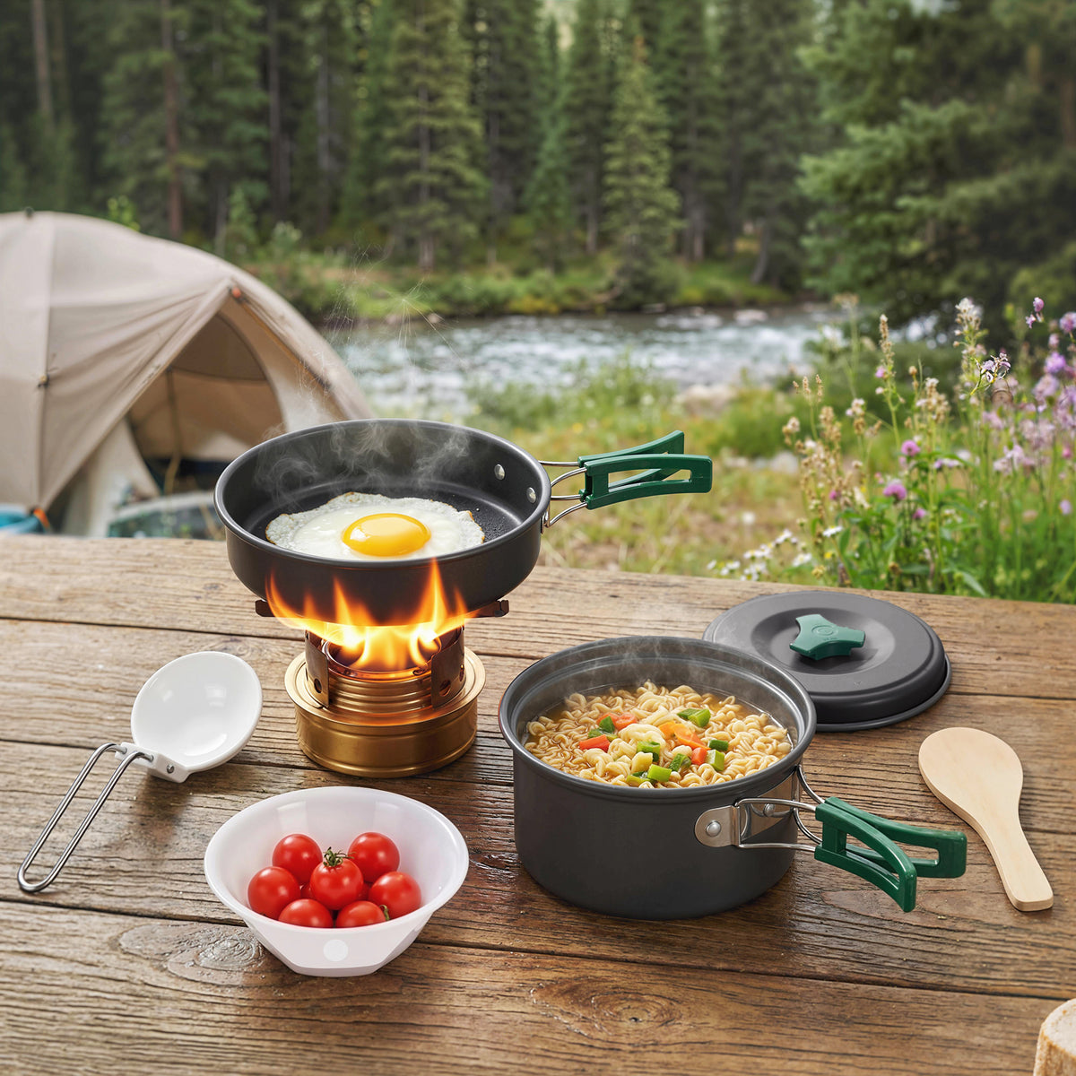 Camping kookset 8-delige outdoor pannenset met anti-verbrandingsgrepen snel verwarmende pan koekenpan grijs (2)
