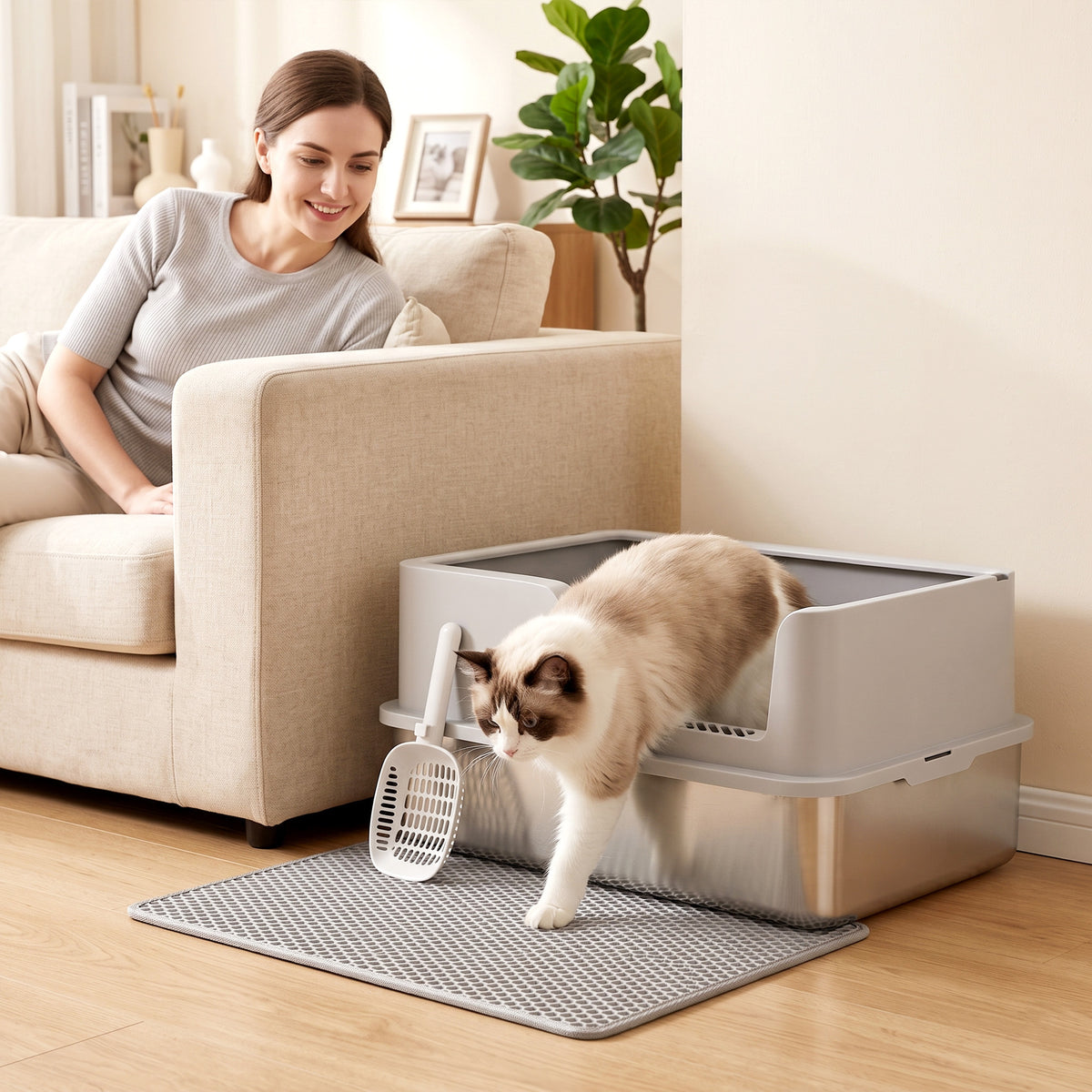 XL roestvrijstalen kattentoilet met deksel, hoge zijwanden, schep, borstel, mat voor kittens tot 8 kg lichtgrijs (2)