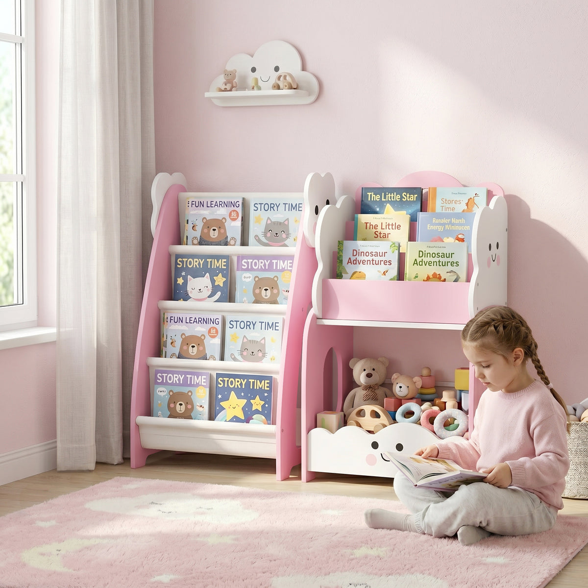 3-in-1 kinderrek met speelgoedopslag, modulair boekenrek met 4 vakken & 3 niveaus en nachtkastje, roze (2)