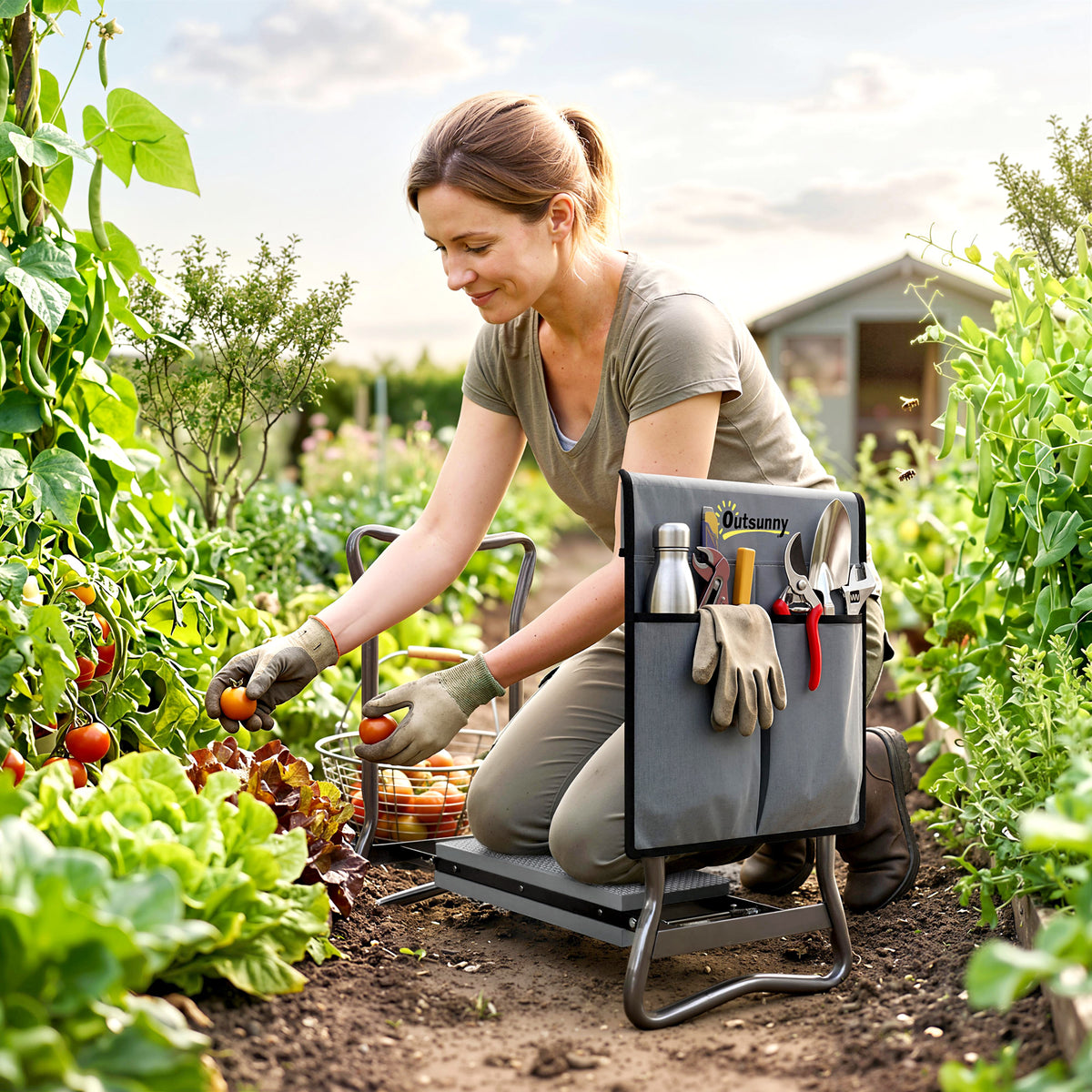 Opvouwbare tuinbank voor tuinwerk, tuinkruk met kniekussen, gereedschapstassen, tot 150 kg, 58 x 28 x 49 cm (2)