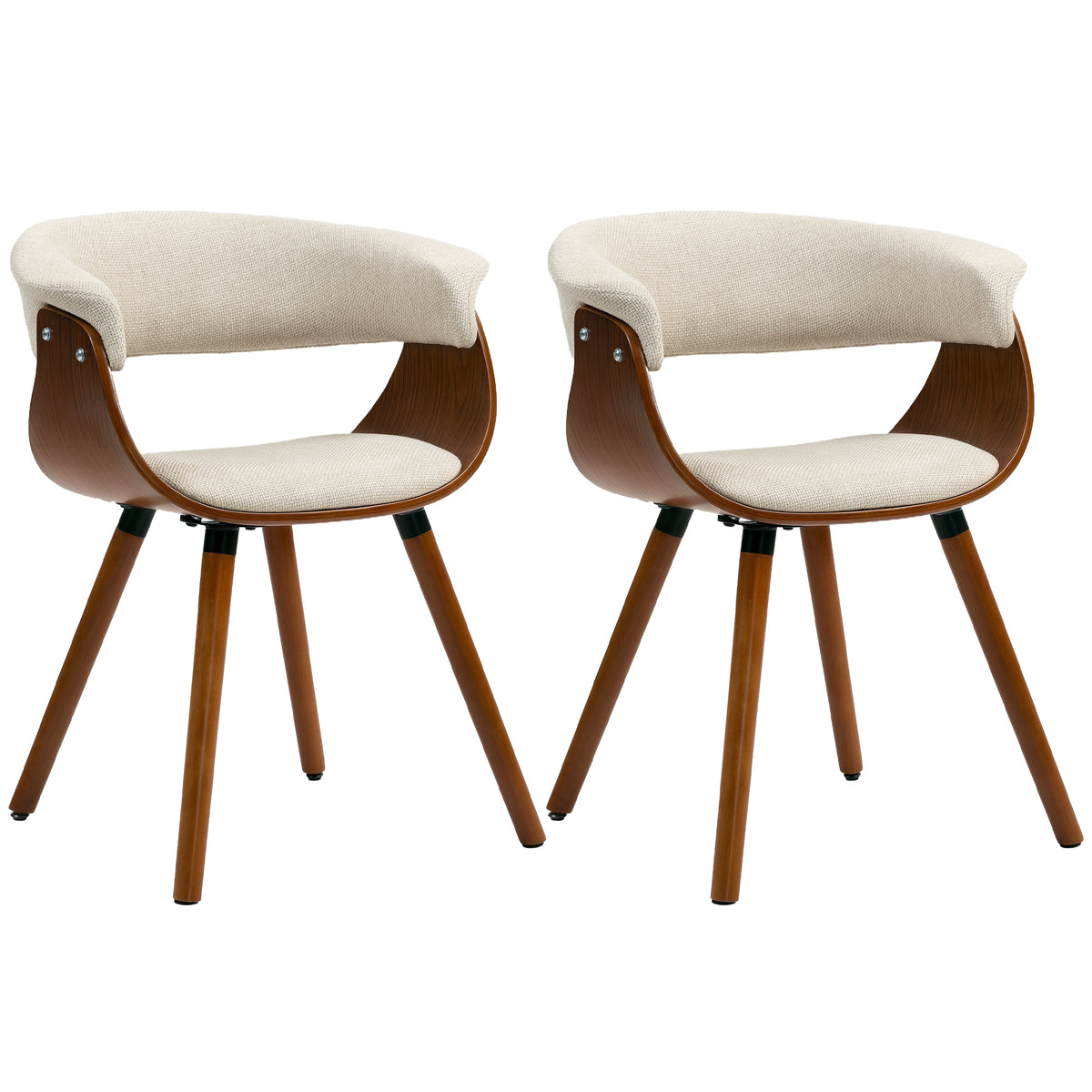Eetkamerstoel, stof in linnenlook, gebogen rugleuning, houten poten, beige