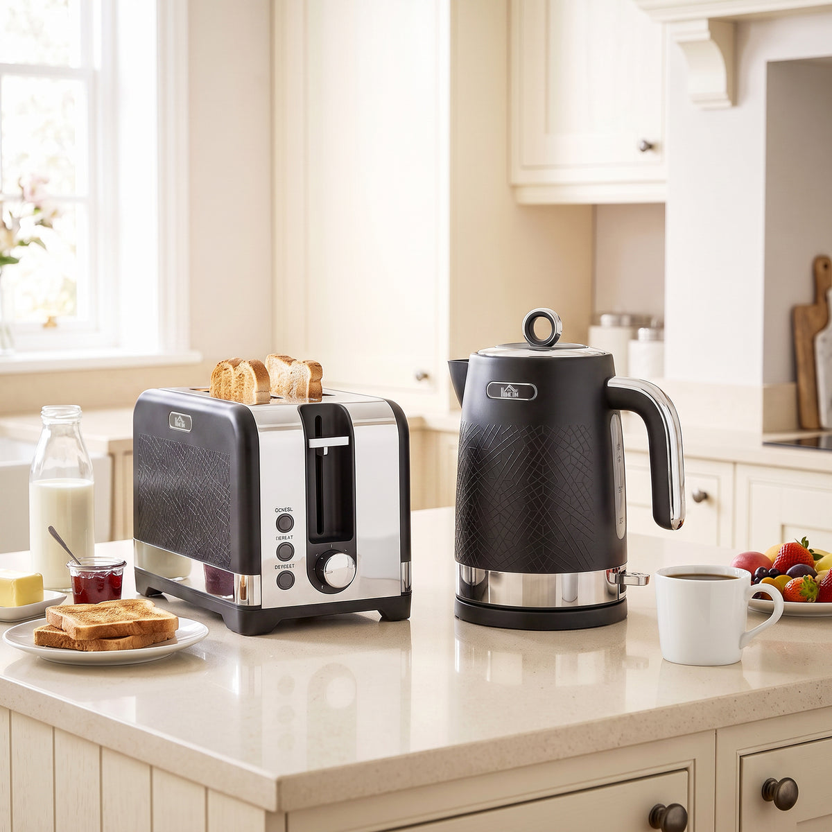 Waterkoker- en broodroosterset, 1,7 l 2200 W snelkookwaterkoker met thermostaat, broodrooster voor 2 sneden (2)
