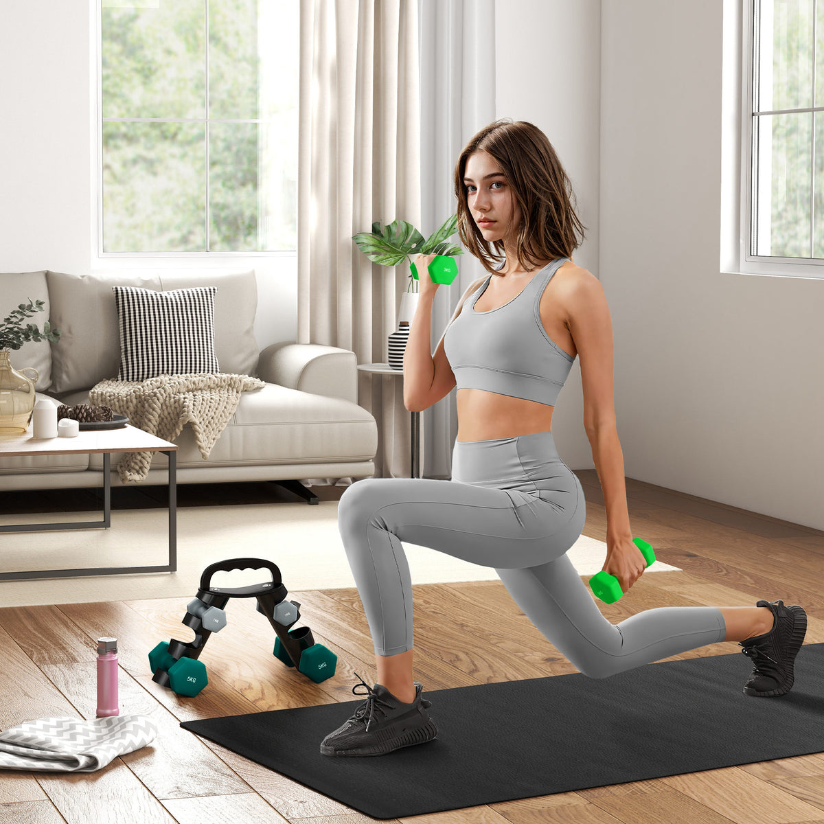 Dumbbellset met opbergrek, set met 6 dumbbells voor fitnesstraining, 2 x 1kg, 2 x 3kg, 2 x 5kg (2)