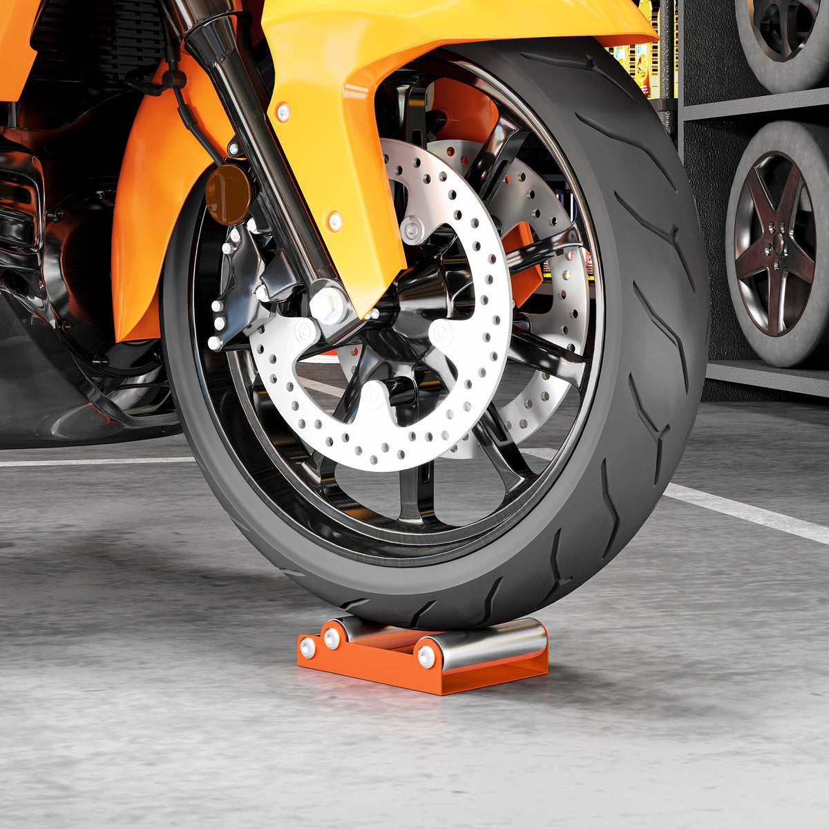 Motorfiets reinigingsstandaard rolstandaard wiel-draaihulp fiets <485 lb & bandbreedte <180 mm oranje (2)