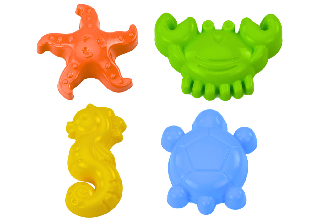 Zandvormpjes voor op het strand, 4 stuks, krab, schildpad, zeester, paard, geel, groen