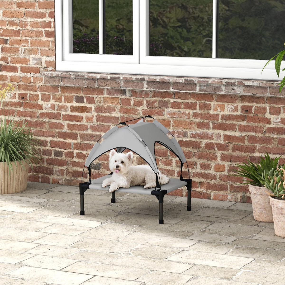 Hondenmand met dak, outdoor, draagbaar, waterafstotend, tot 30 kg, 61 x 46 x 63 cm, lichtgrijs (2)