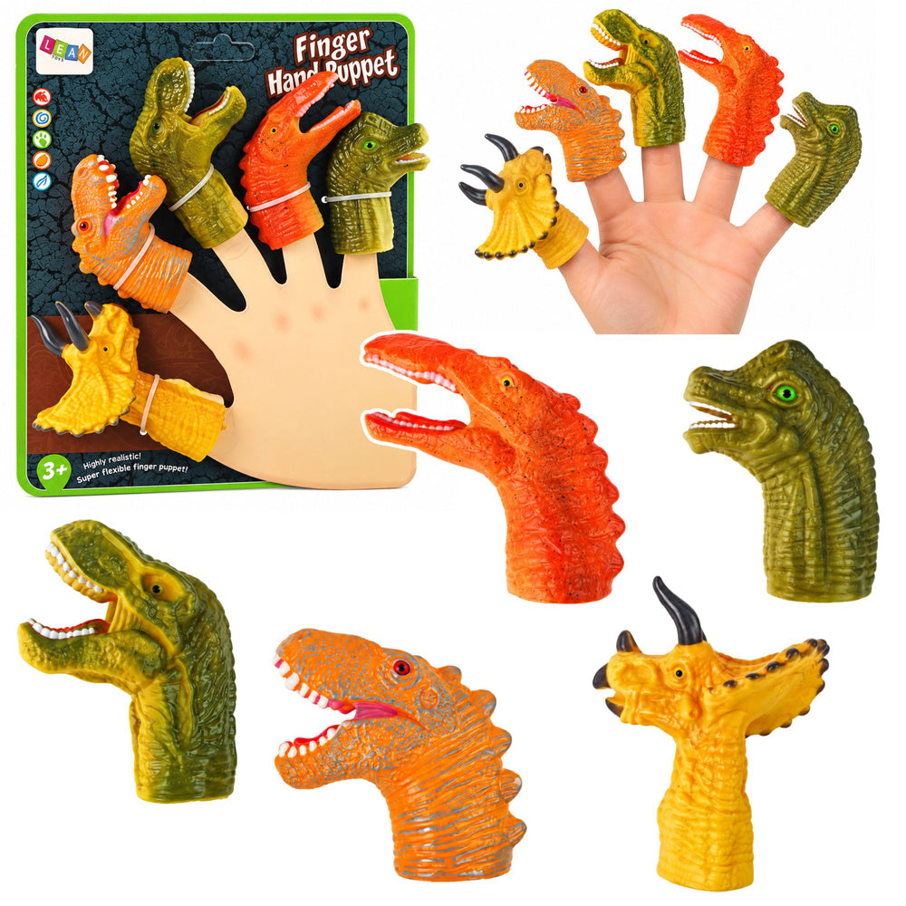 Set vingerpoppetjes dinosaurussen dieren rubber 5 stuks
