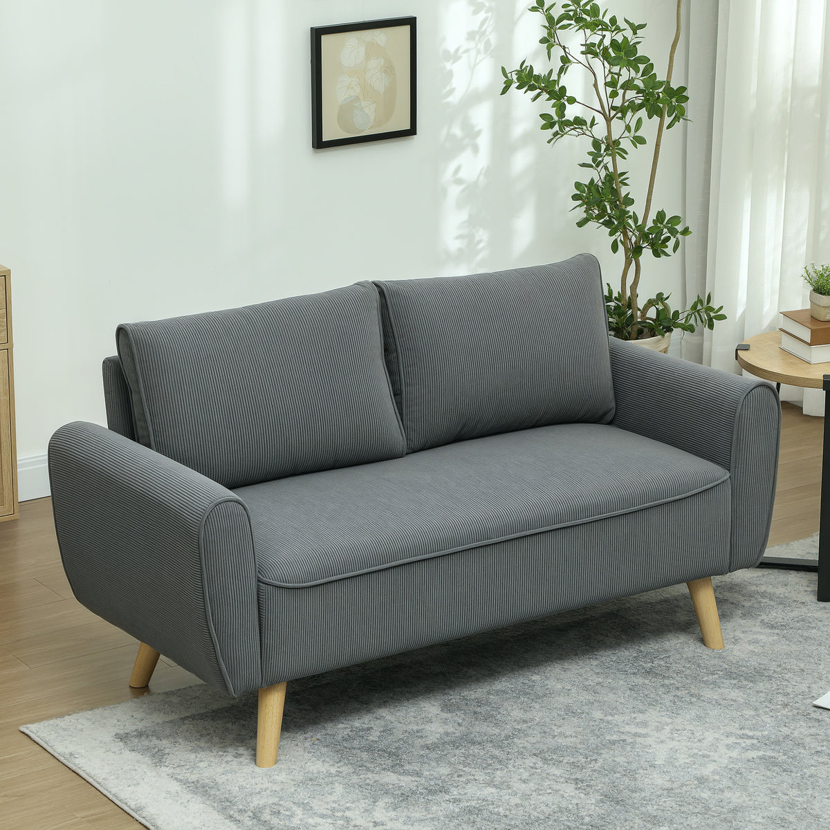 Tweezitsbank, stoffen bank, 2 rugkussens, corduroy bekleding, 145 x 75 x 78 cm, antraciet (2)