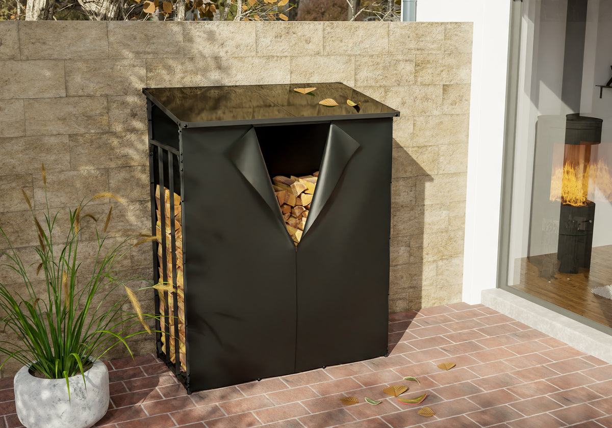 Haardhoutopslag + afdekzeil Ruston metaal M (2)