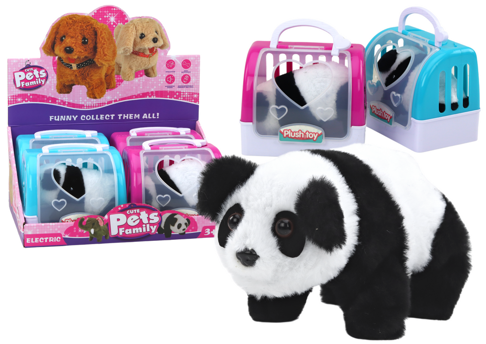 Interactieve pluche panda in roze-blauwe bestelwagen