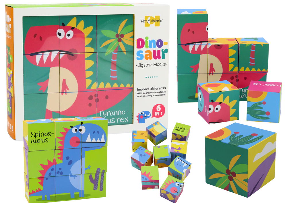 Leerpuzzel 6in1 blokken puzzelkubus 6 afbeeldingen dinosaurussen 9 dl