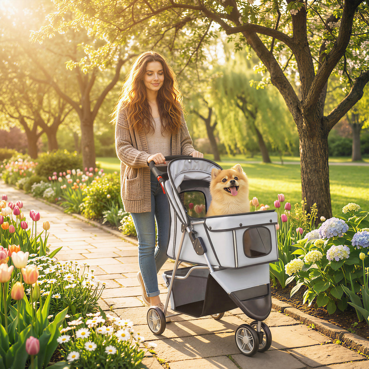 Opvouwbare hondenbuggy met opbergmand, kussen, netvensters en bekerhouder voor kleine honden tot 10 kg, grijs (2)