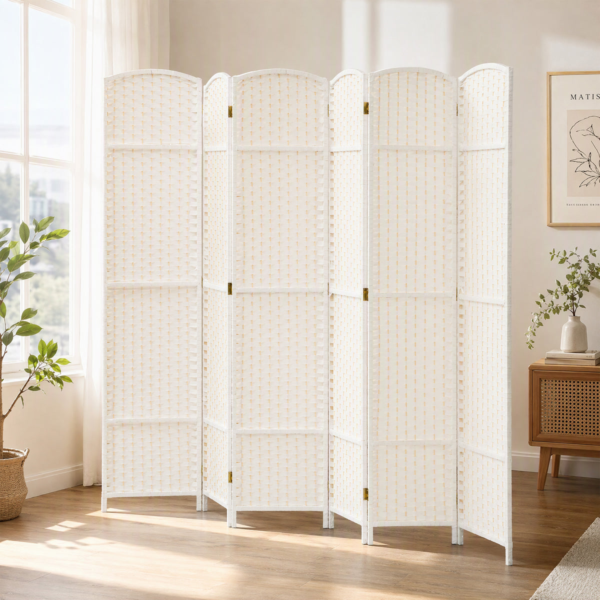 6-delige roomdivider, opvouwbaar privacyscherm, scheidingswand voor woonkamer, slaapkamer, thuiskantoor, wit (2)