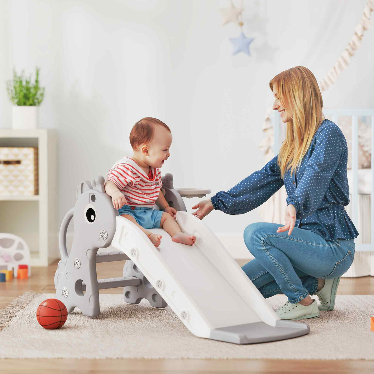 3-in-1 glijbaan voor kinderen, girafvorm, basketbalring, bal, grijs (2)