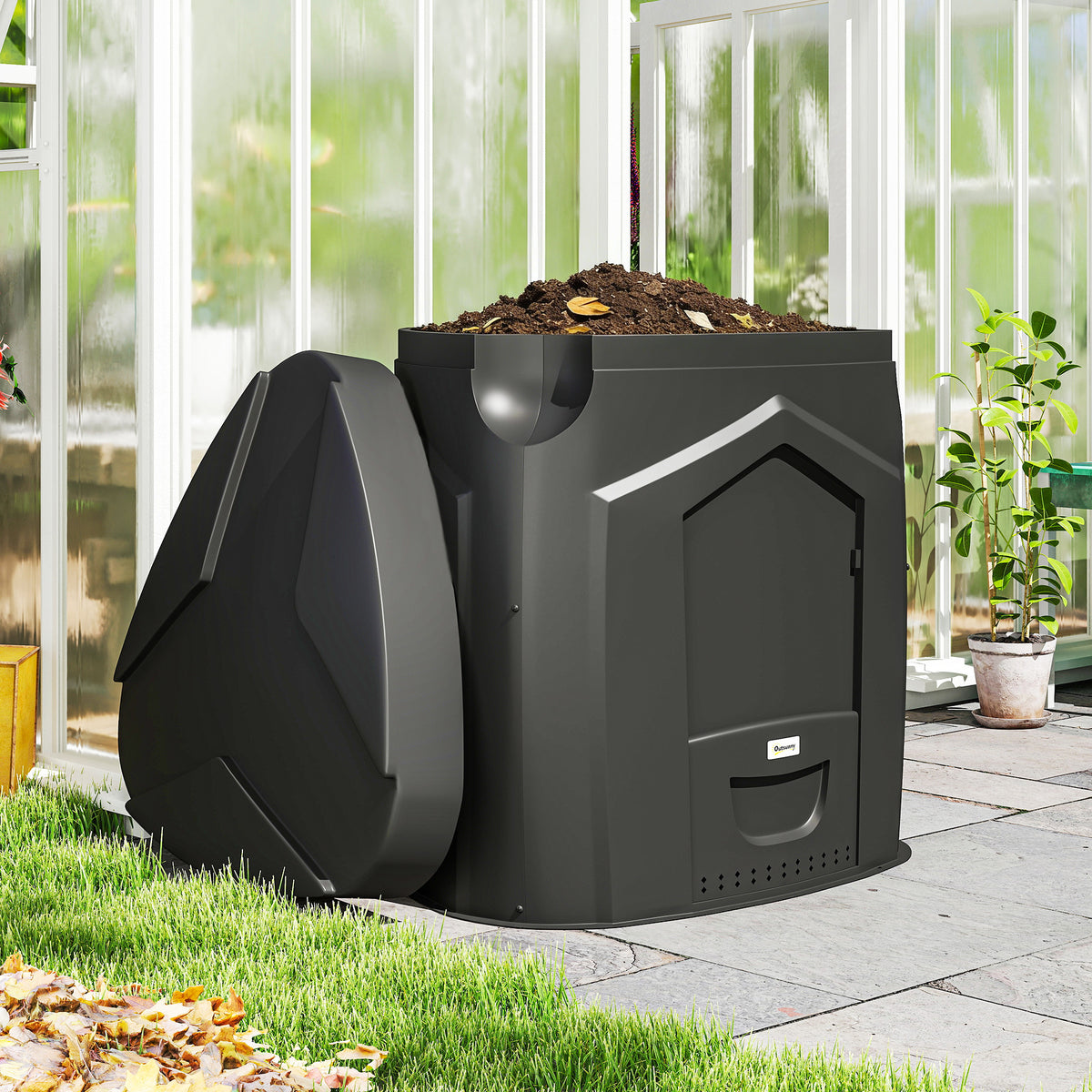240L tuincomposter, driehoekige compostbak met 3 deuren, zwart (2)