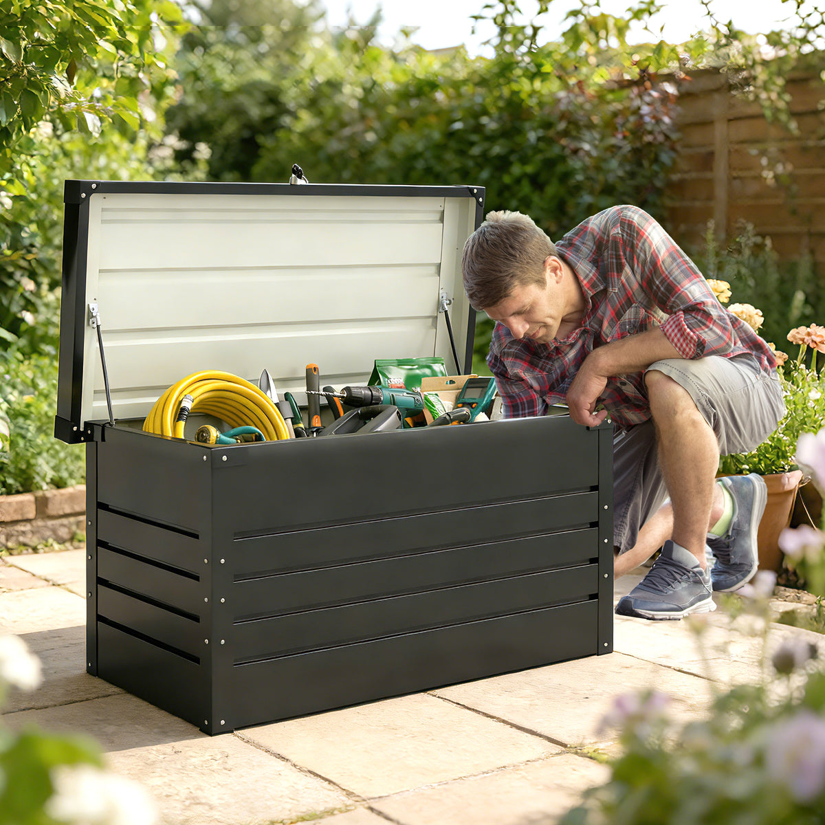 Tuinbox metaal 350L kussenbox met dubbelwandig deksel 120 x 61 x 62 cm waterdicht afsluitbaar grijs (2)