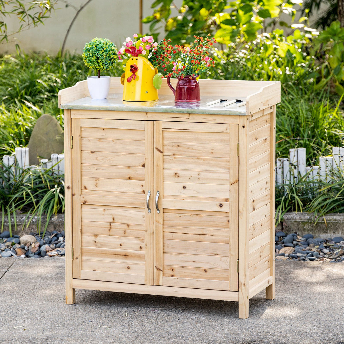 Tuinkast met 2 vakken, metalen werkblad met opkanting, natuurlijk hout, 83 x 40 x 92 cm (2)