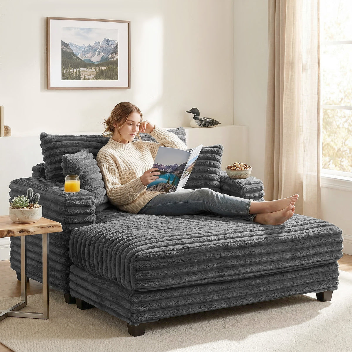 Chaiselongue 2-zits grote slaapbank 134 x 151 cm met bekerhouder voor woonkamer, grijs (2)