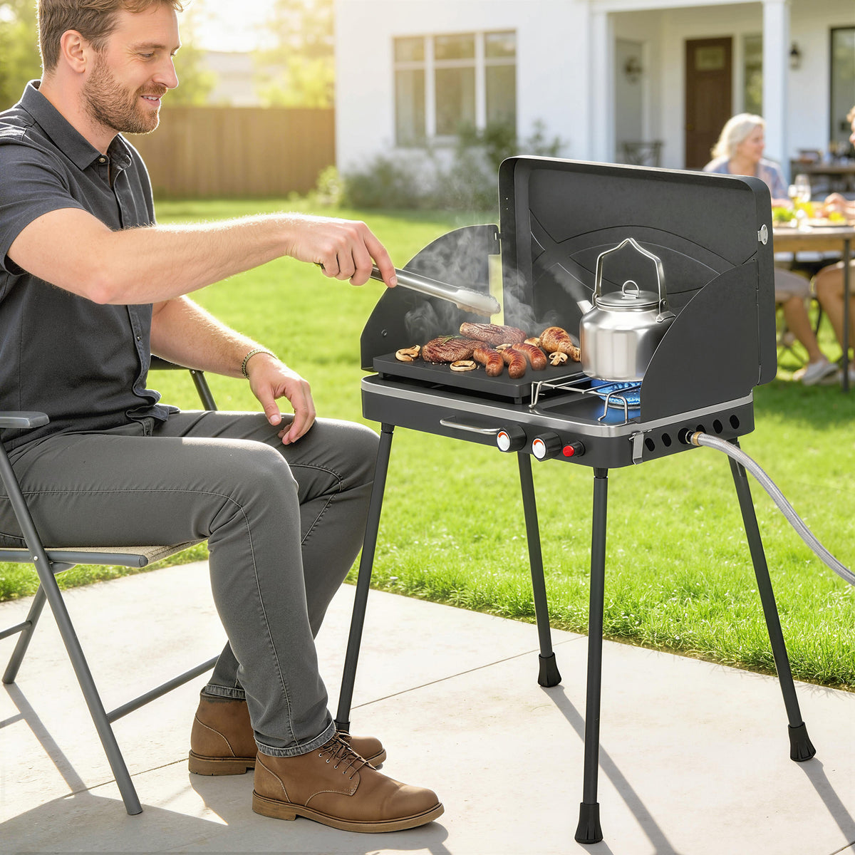 Draagbare gasbarbecue 2 branders 7 kW 2-in-1 tafelgrill met inklapbare poten grillrooster windscherm deksel (2)