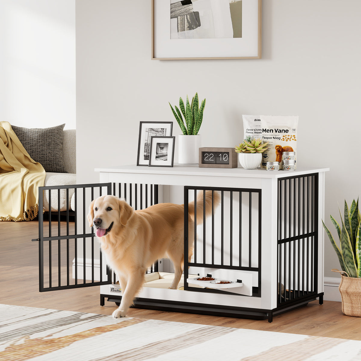 Grote hondenbench, gemakkelijke toegang, afsluitbaar, draaibare voerbakhouder, voor kleine en grote honden, wit (2)