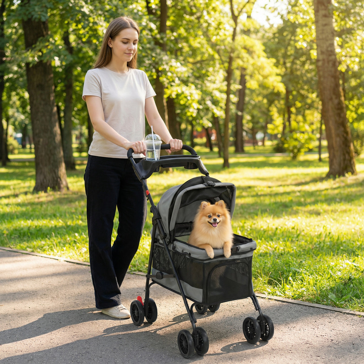 Hondenbuggy opvouwbaar met kussen, netvensters, bekerhouder en 360° draaibare wielen voor kleine honden tot 10 (2)