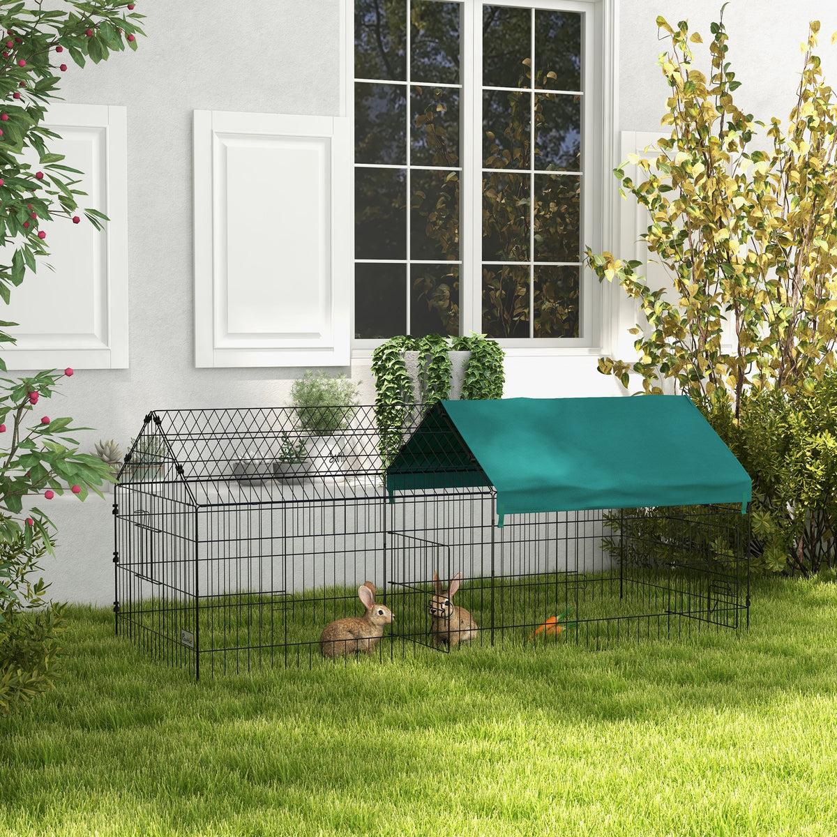 Dierenren met dak, 4 deuren, weerbestendig, staal/polyester, 185x75x75cm, zwart/groen (2)