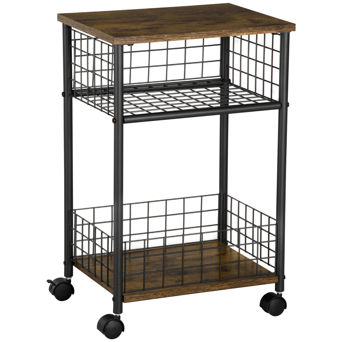 Keukentrolley in industrieel design 1 plank 1 opbergmand 4 wielen 40 cm x 30 cm x 62 cm staal zwart + bruin