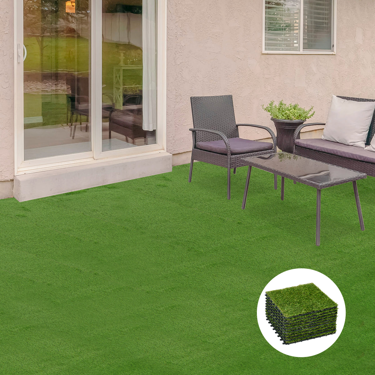 Kunstgras, natuurgetrouw, drainagesysteem, 6,5 k vezels/m², 25 mm hoog, 10-delige set van 30x30 cm, groen (2)