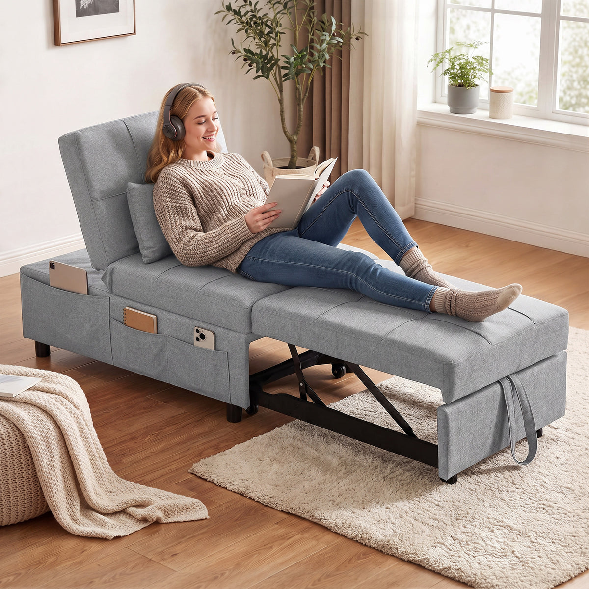 4-in-1 uitklapbare fauteuil met zijvak, logeerbed met kussen, verstelbare rugleuning, slaapfauteuil met wieltjes (2)