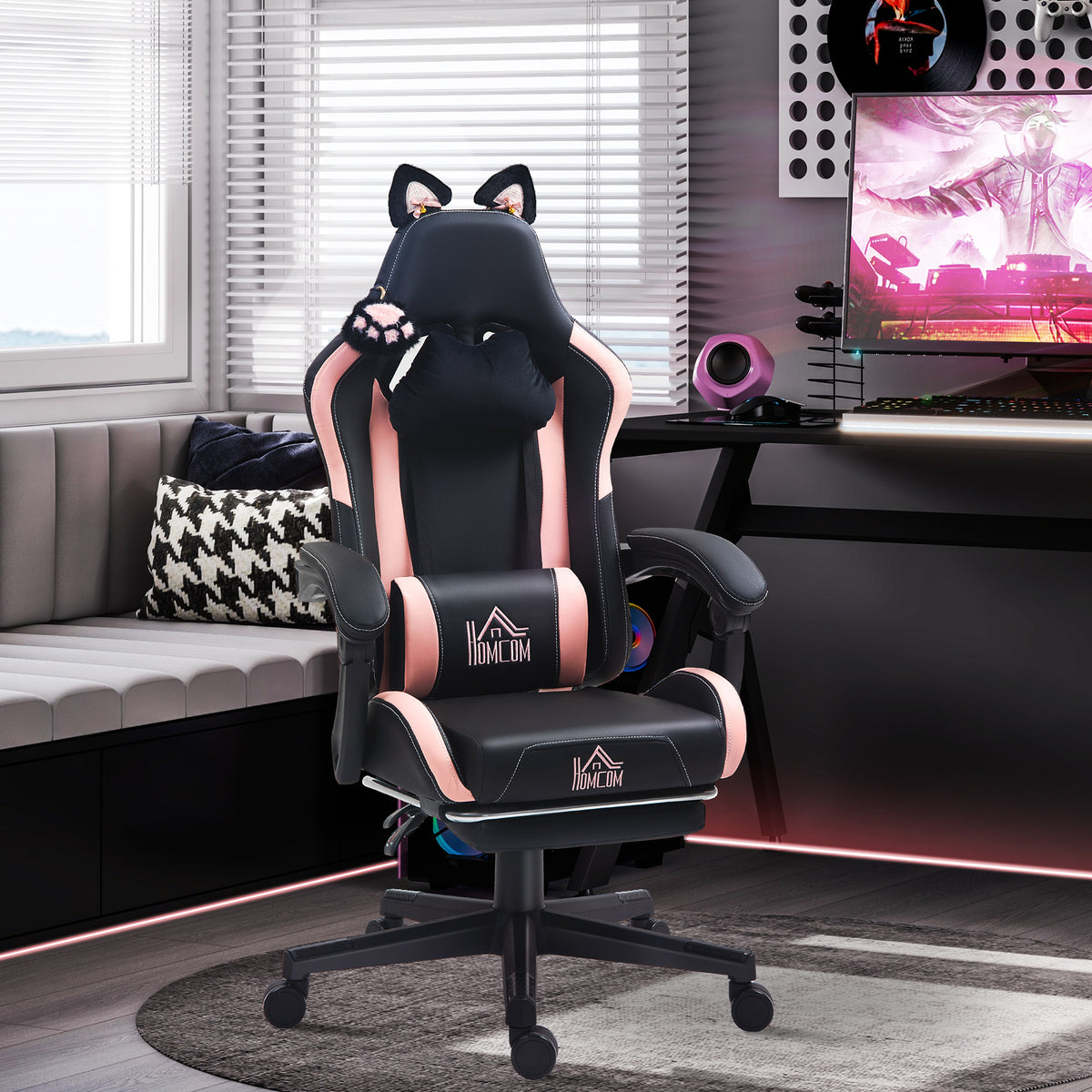Gaming-stoel met kattenoortjes, kantelbare rugleuning, uitschuifbare voetensteun, tot 120 kg, roze/zwart (2)