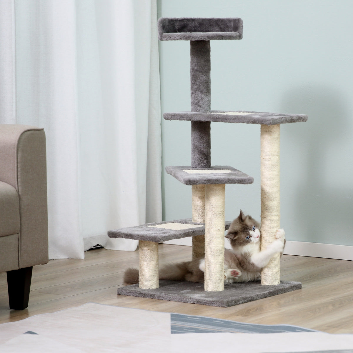 Klimboom krabpaal speelboom kattenkrabpaal trap 5 niveaus beige grijs 48,5 x 48,5 x 100 cm (LxBxH) (2)