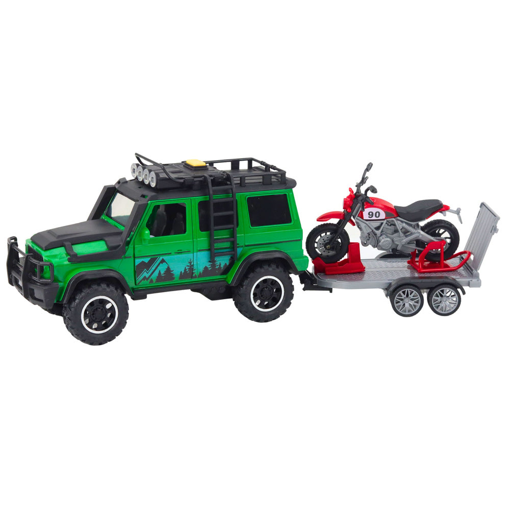 Terreinwagenset met takelwagen en motorfiets, licht en geluid, groen (2)