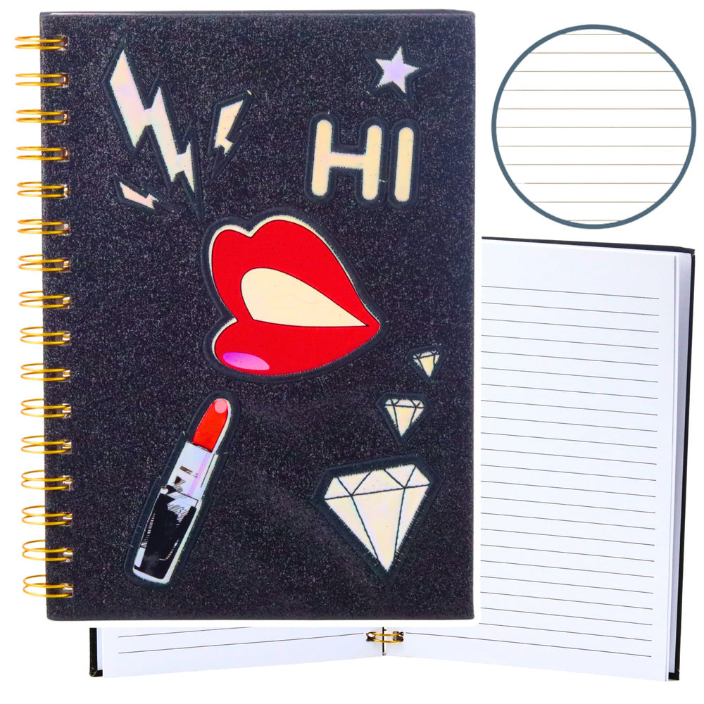 Gelinieerd notitieboek schrift patches lippen lippenstift glitter zwart A5 80 vellen